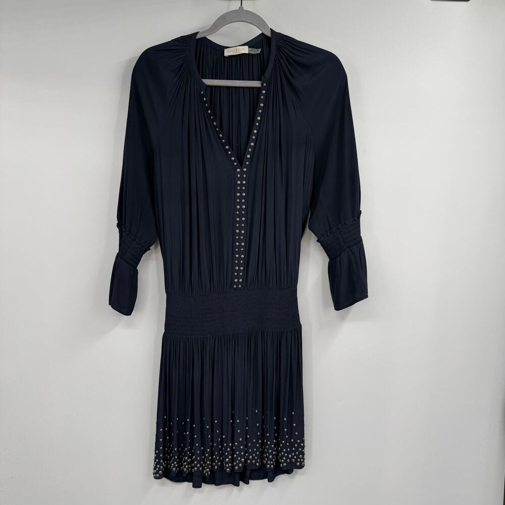 Ramy Brook Vaira Studded Blouson Mini Dress Womens Size S Blue 3/4 Sleeve